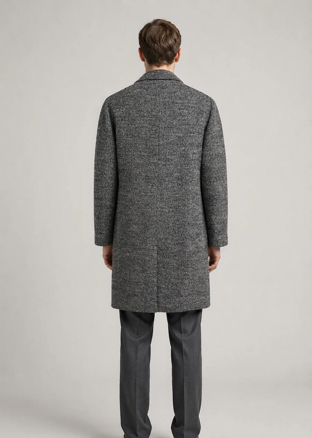 XH26AW2105 Coat Model Back XH26AW2105 mens grey marl wool coat model back view - AI generated
