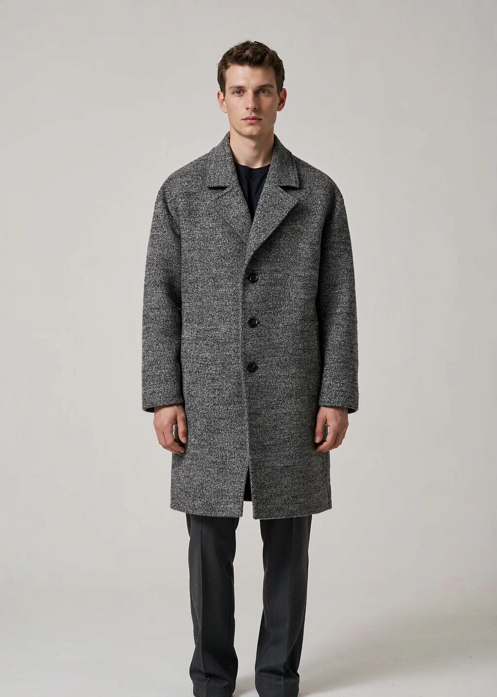 XH26AW2105 mens grey marl wool coat model front view - AI generated