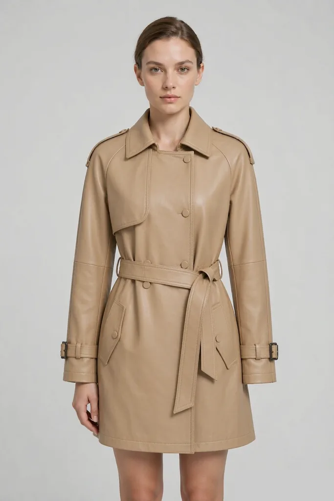 XH26AW4110_模特上身 XH26AW4110 Women’s 100% PU Trench Coat — Front and Back View