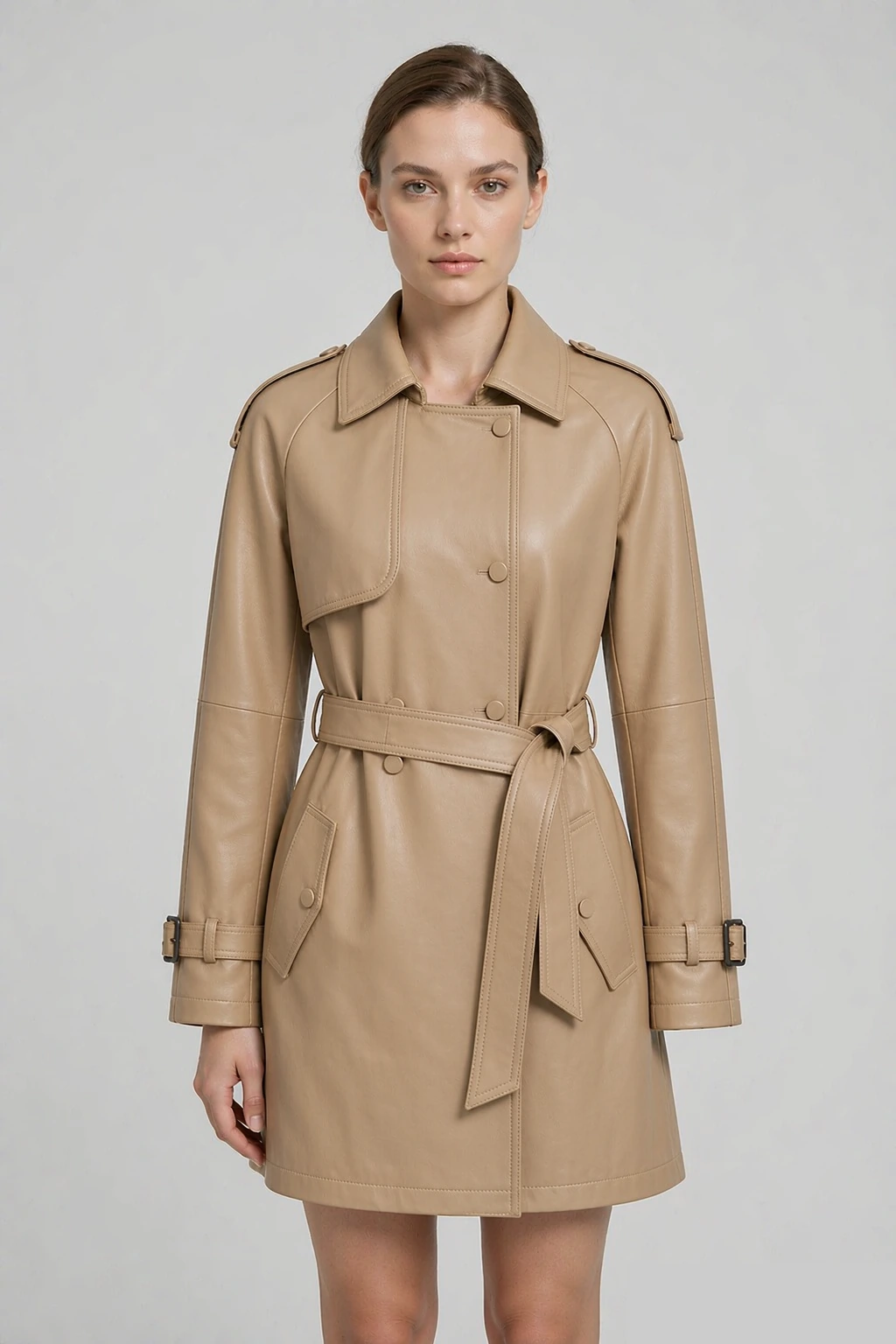 XH26AW4110 Women’s 100% PU Trench Coat — Front and Back View