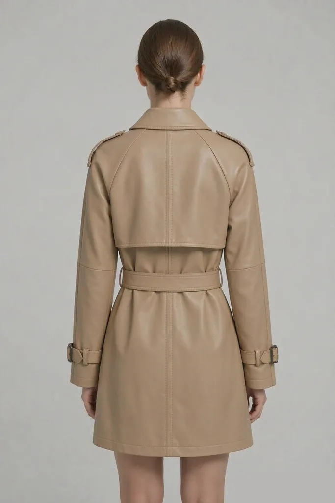 XH26AW4110_模特上身_背面 XH26AW4110 Women’s 100% PU Trench Coat — Front and Back View