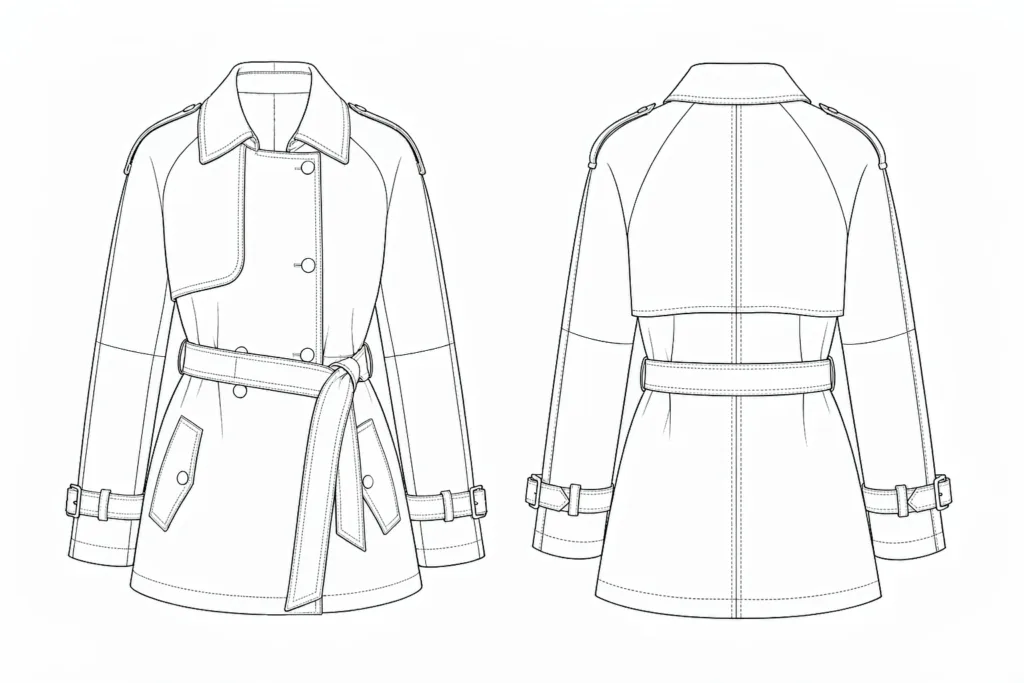 XH26AW4110_黑白线稿_正背面 XH26AW4110 Women’s 100% PU Trench Coat — Front and Back View