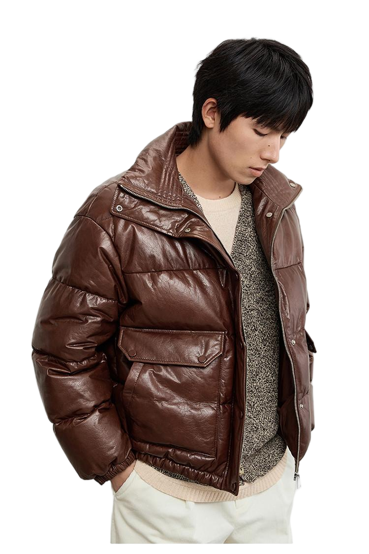 XH26W0483 (1) Men's brown PU leather bomber jacket - Style #0483