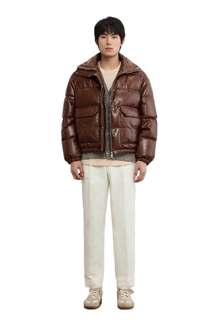 XH26W0483 (2) Men's brown PU leather bomber jacket - Style #0483-front