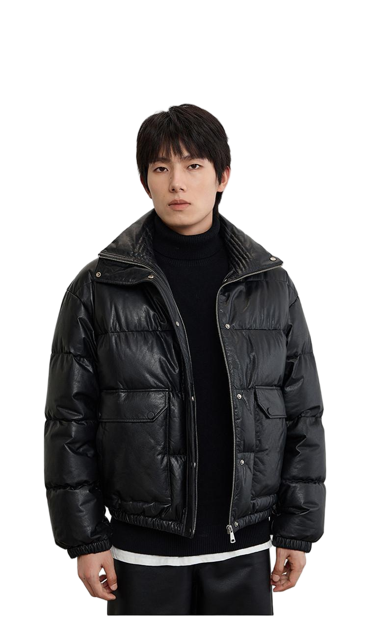 XH26W0483 (7) Men's brown PU leather bomber jacket - Style #0483-front-black