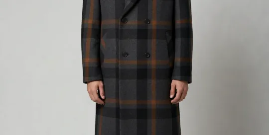 Men's charcoal plaid double-breasted wool overcoat on model, front view - Style #2110