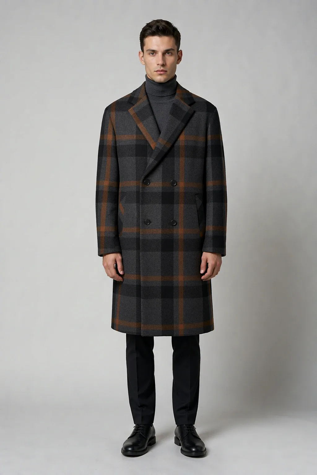 Men's charcoal plaid double-breasted wool overcoat on model, front view - Style #2110