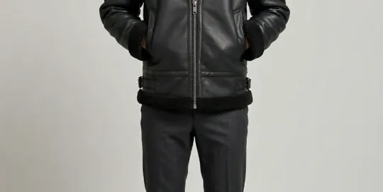 Men's black PU aviator jacket with black sherpa collar on model, front view - Style #6037