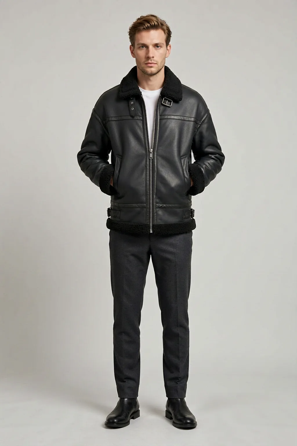 Men's black PU aviator jacket with black sherpa collar on model, front view - Style #6037