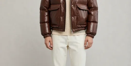 Men's brown PU puffer bomber jacket on European model, front view - Style #0483