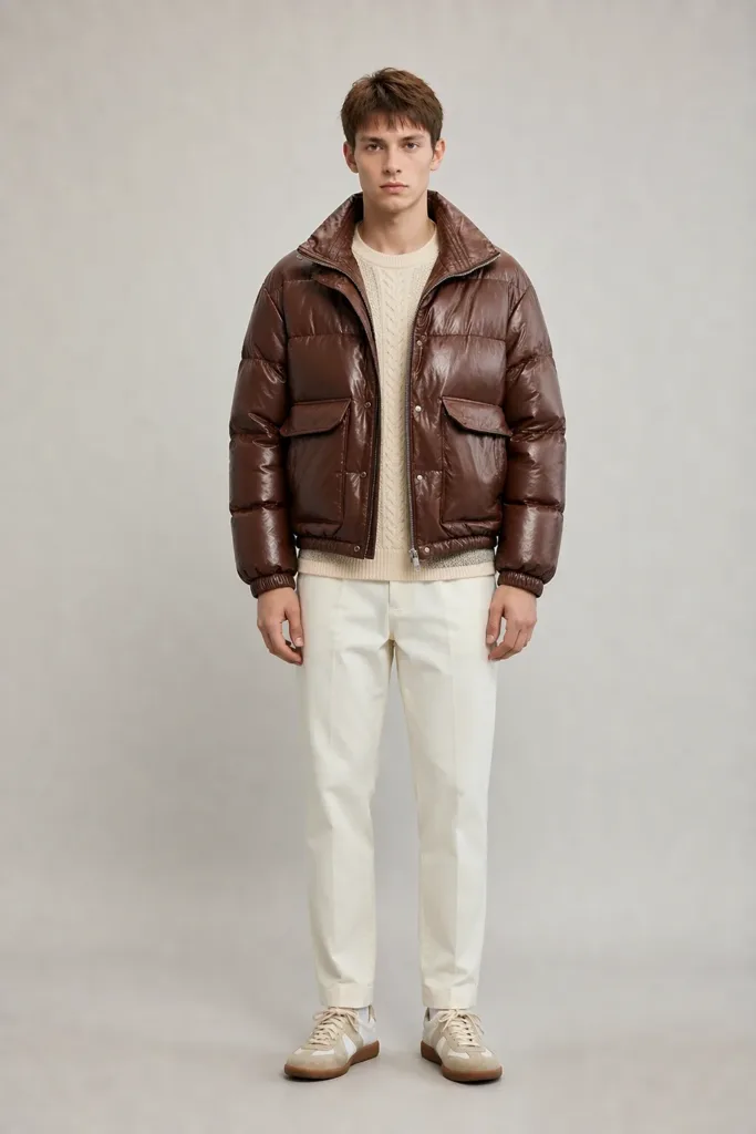 Men's brown PU puffer bomber jacket on European model, front view - Style #0483