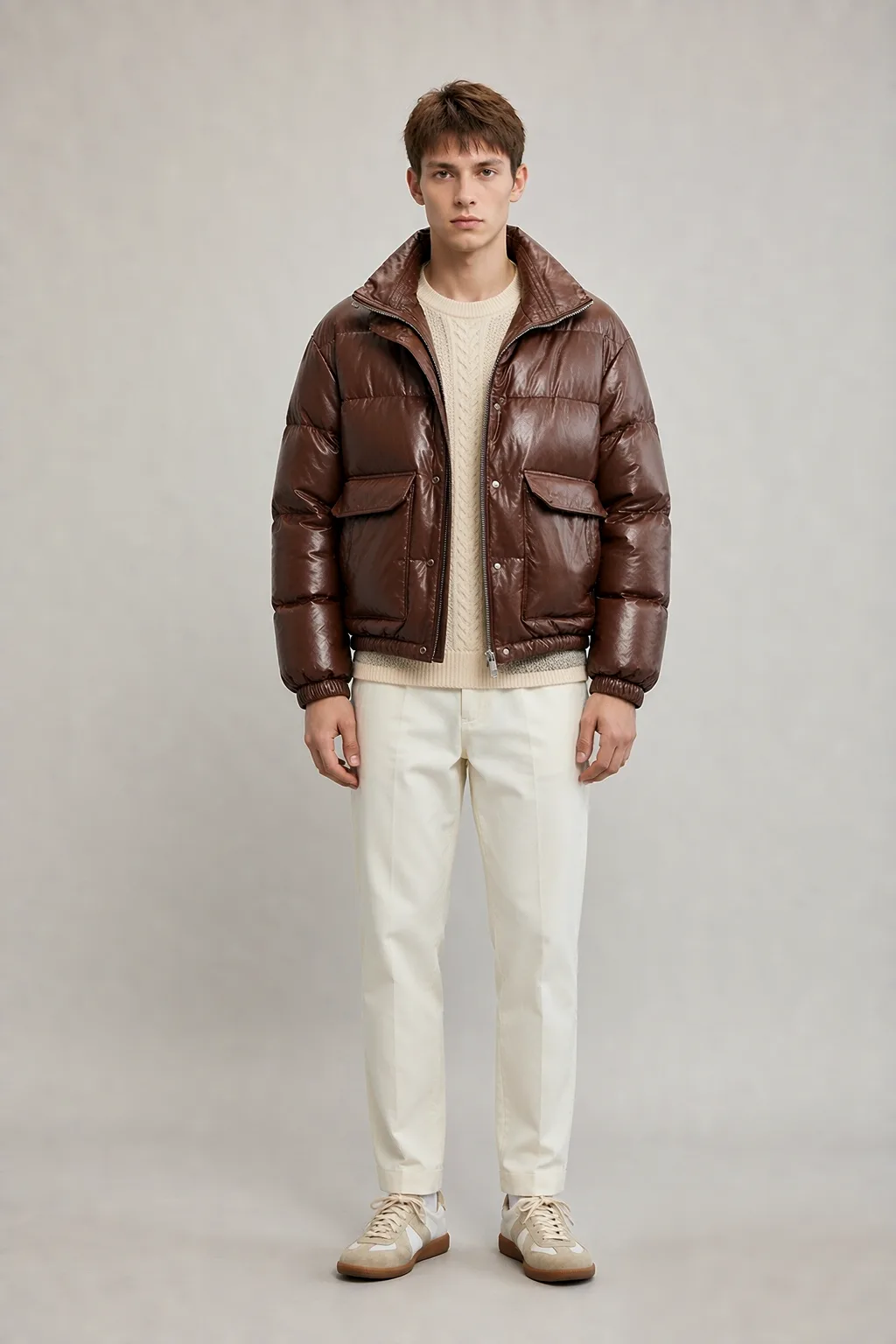 Men's brown PU puffer bomber jacket on European model, front view - Style #0483