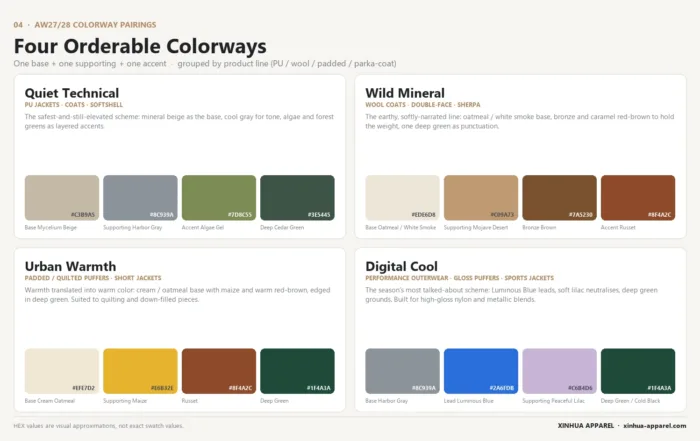 Four AW27/28 orderable colorways - Quiet Technical, Wild Mineral, Urban Warmth and Digital Cool - with HEX color swatches, by Xinhua Apparel