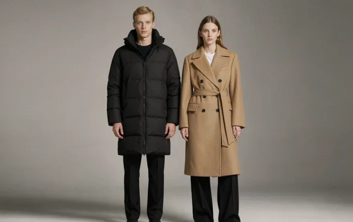 AW27 outerwear collection - men's padded jacket and women's wool coat