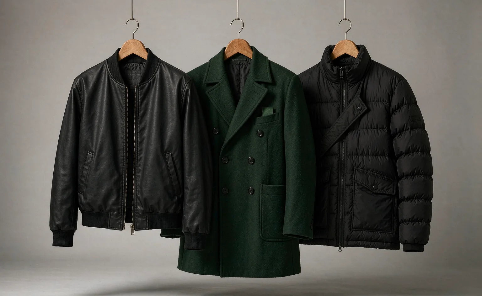 PU leather jacket, wool coat and quilted padded jacket on hangers — jacket styles guide