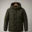 Olive green technical parka with quilted seams on a hanger — parka manufacturing in China