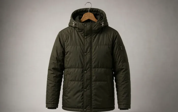 Olive green technical parka with quilted seams on a hanger — parka manufacturing in China