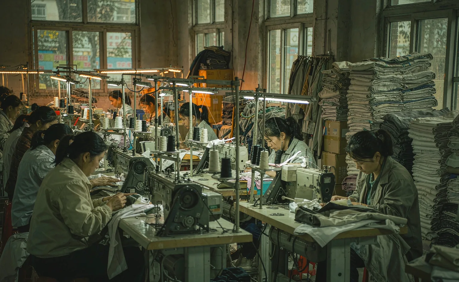 Busy sewing floor during peak season with workers stitching jackets and packed cartons