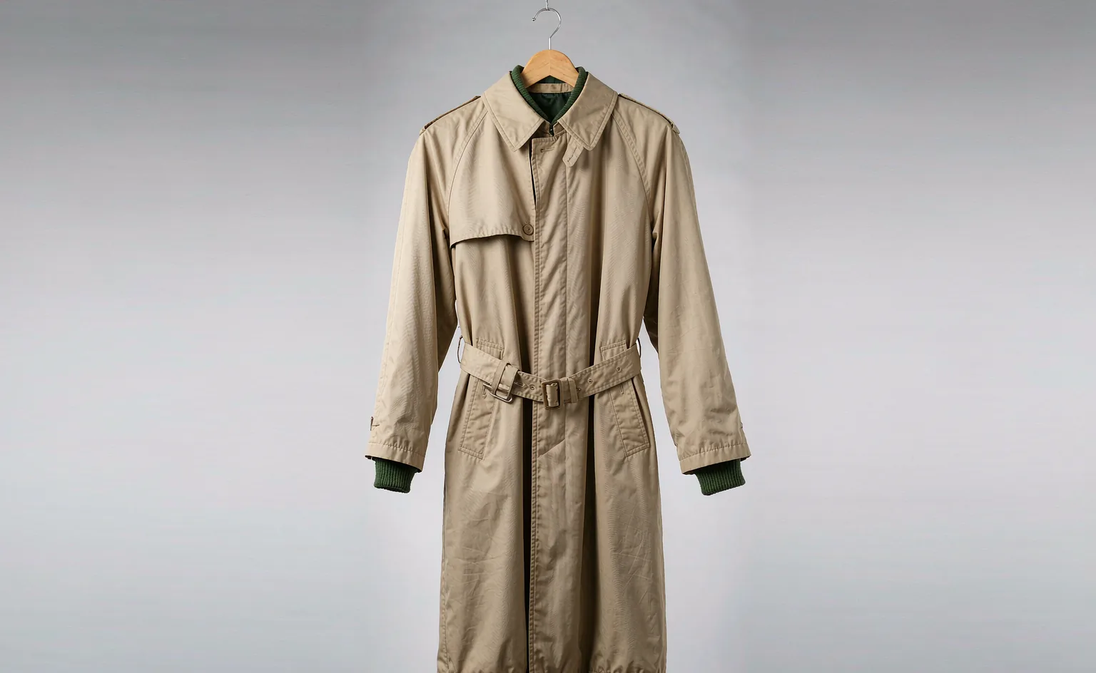 Classic camel trench coat with belt and gabardine texture on a hanger — trench coat manufacturing guide