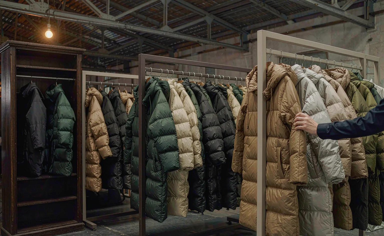 Racks of winter jackets and parkas in a manufacturer showroom — 2027 winter outerwear sourcing guide