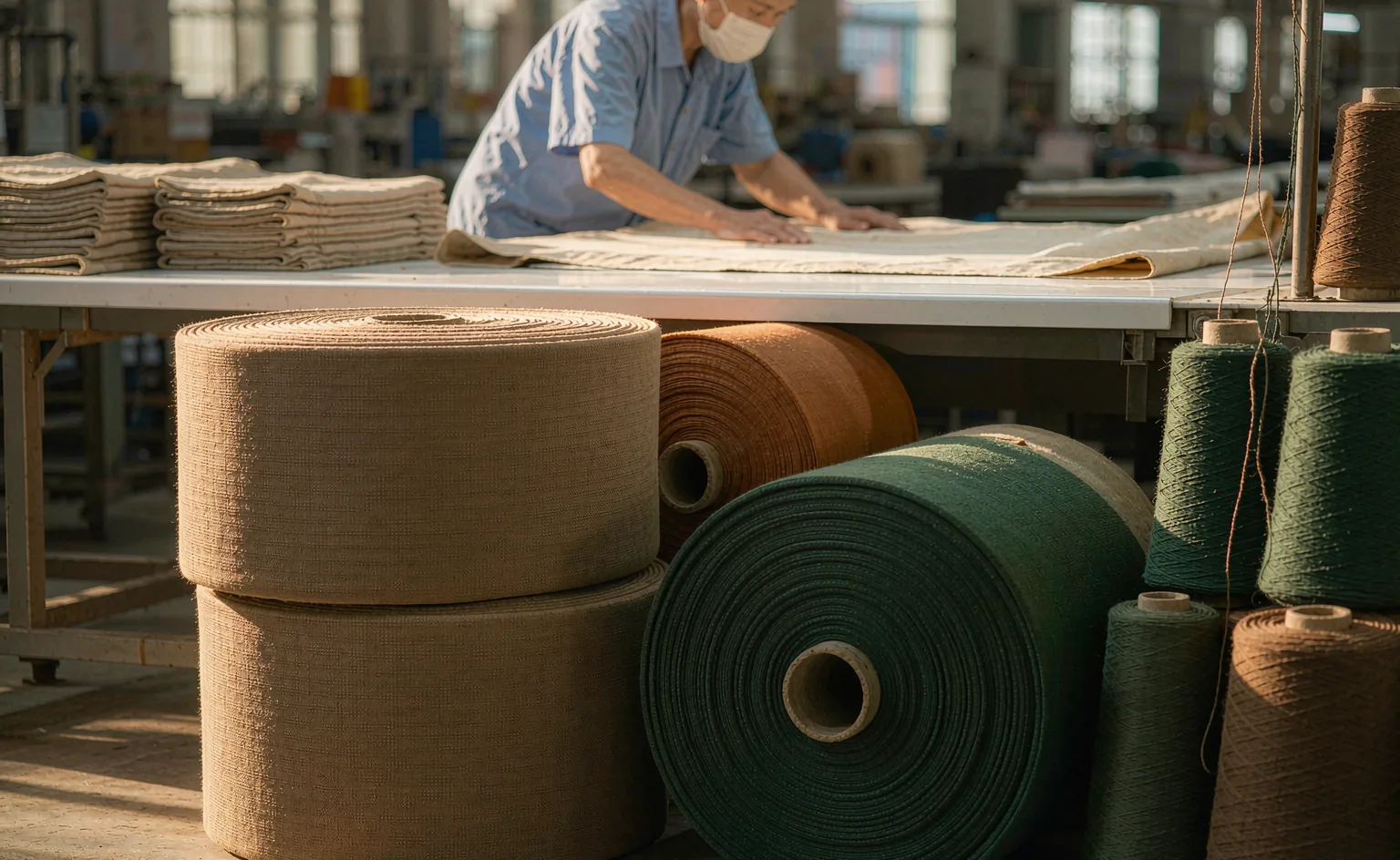 Rolls of woven wool fabric and yarn spools inspected in a textile mill